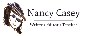 Nancy Casey website logo: Playfully drawn image of Nancy with heading: Author, Editor, Teacher